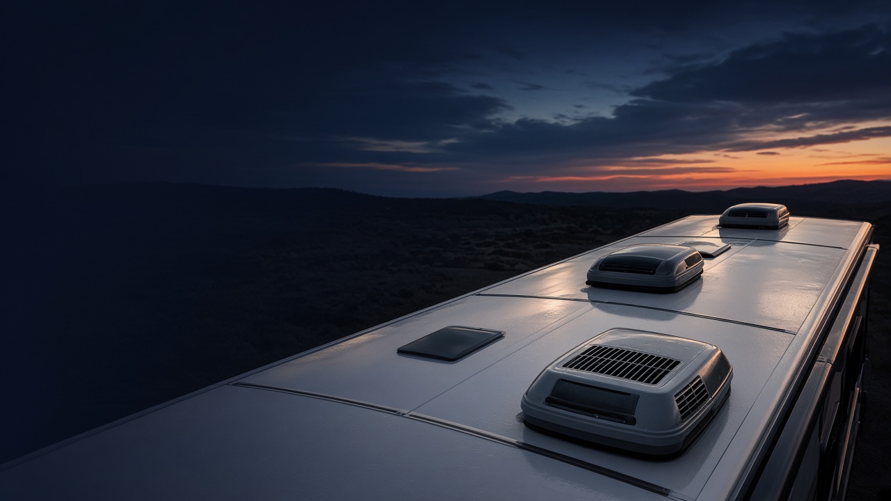Modern Class A RV roof with sealed membrane and roof equipment at dusk