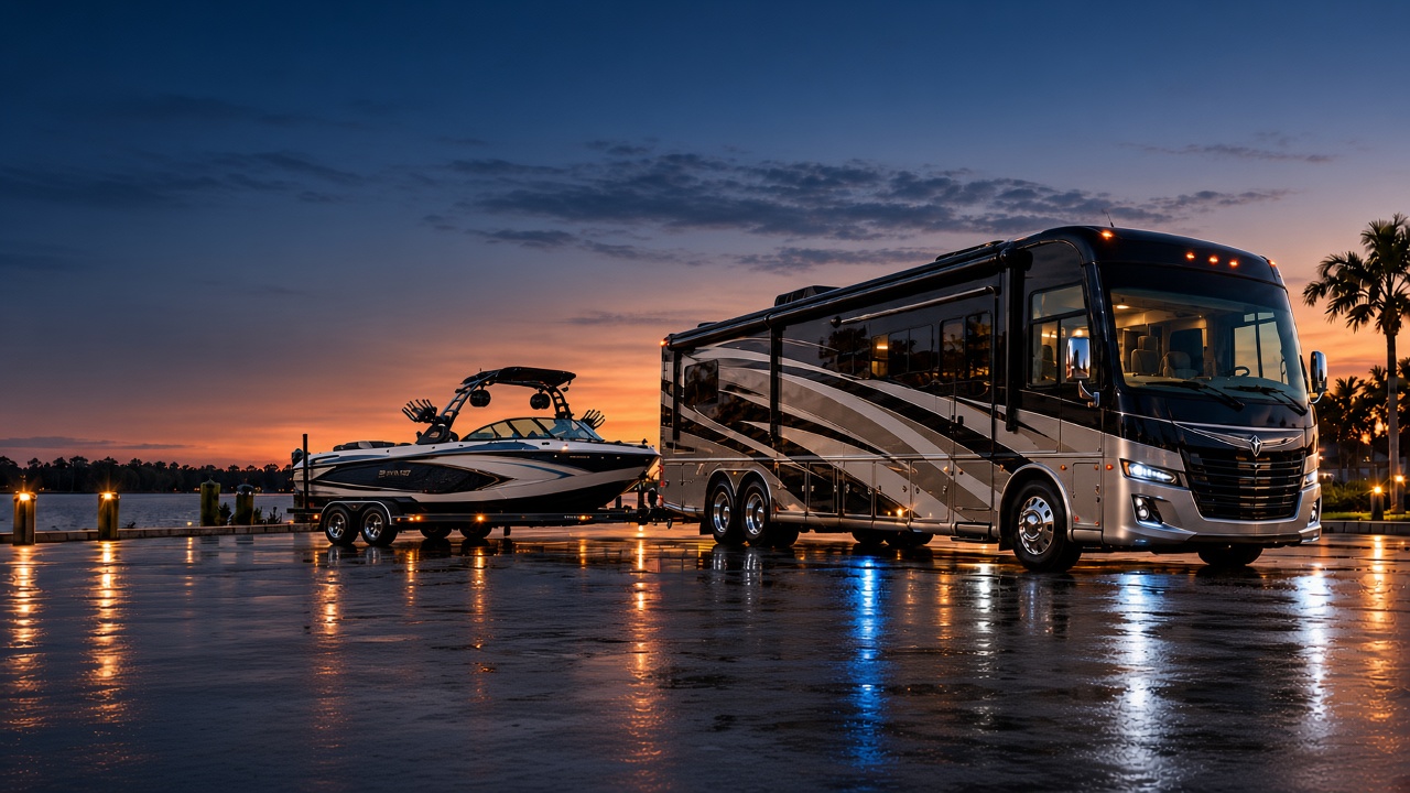 Luxury Class A motorhome towing a full-size wakeboat on a trailer at a waterfront at dusk