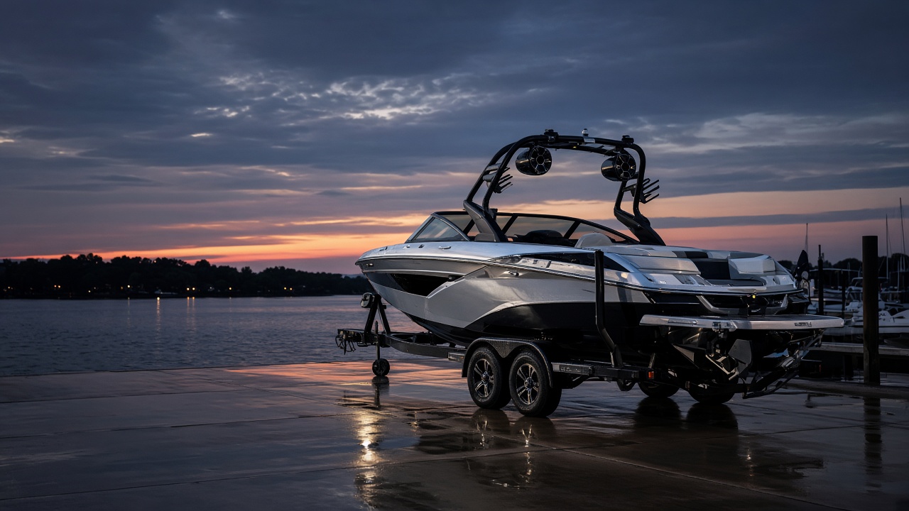 Full-size luxury wakeboat on a dual-axle trailer at a waterfront marina at dusk